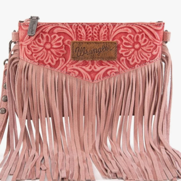 New Wrangler Boho Fringe Clutch Crossbody Shoulder Bag- Western - Peach/Pink - Picture 5 of 11